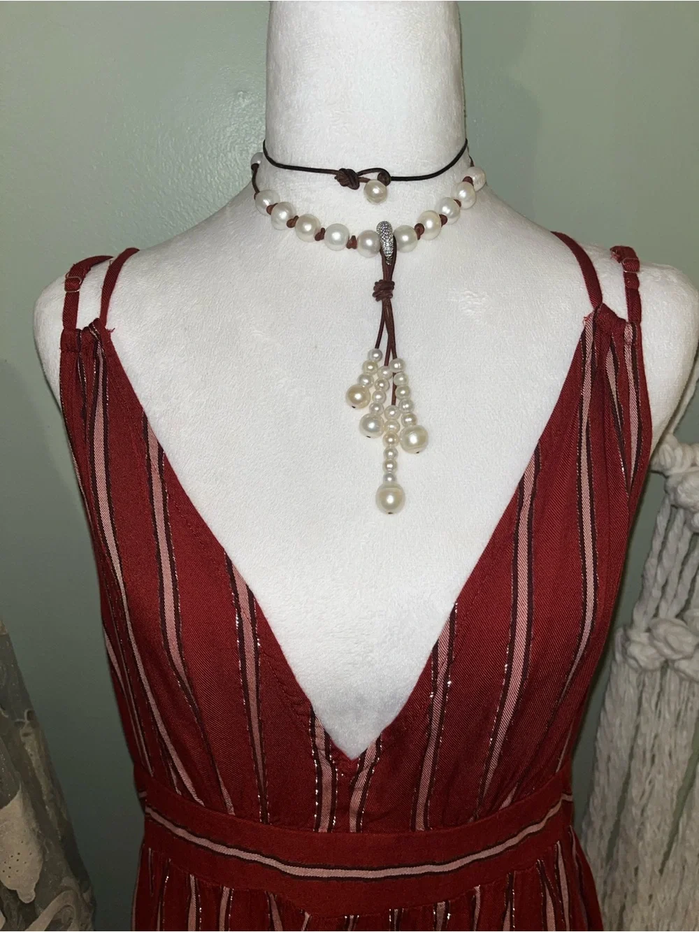 Adjustable Straps V-Neck Striped Maxi Dress in Deep Burgundy - Picture 3 of 12